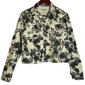 L'Agence Janice Black Rose Floral Print Cropped Denim Jean Trucker Jacket Small